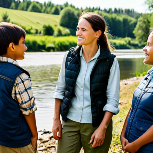 Home 4 A professional female conservation project manager, in her mid-30s, wearing practical yet modest outdoor attire including khaki trousers, a collared shirt, and a field vest. She is engaged in an empathetic, active listening conversation with a diverse group of fully clothed local community members (adults and children in appropriate, modest everyday clothing) in a sunlit rural landscape near a reforested riverbank. The scene captures a genuine human connection and shared understanding. perfect anatomy, correct proportions, natural pose, well-formed hands, proper finger count, safe for work, appropriate content, fully clothed, professional, family-friendly, high-quality professional photography.