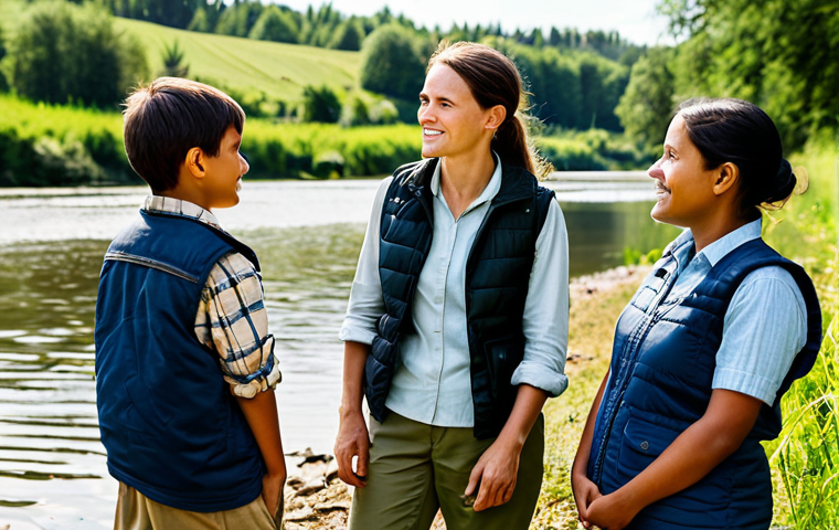 A professional female conservation project manager, in her mid-30s, wearing practical yet modest outdoor attire including khaki trousers, a collared shirt, and a field vest. She is engaged in an empathetic, active listening conversation with a diverse group of fully clothed local community members (adults and children in appropriate, modest everyday clothing) in a sunlit rural landscape near a reforested riverbank. The scene captures a genuine human connection and shared understanding. perfect anatomy, correct proportions, natural pose, well-formed hands, proper finger count, safe for work, appropriate content, fully clothed, professional, family-friendly, high-quality professional photography.