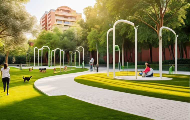 인간 동물 공존을 위한 커뮤니티 중심의 설계 - **Prompt 1: Vibrant Urban Pet Paradise**
A wide-angle shot of a beautifully designed, modern urb...