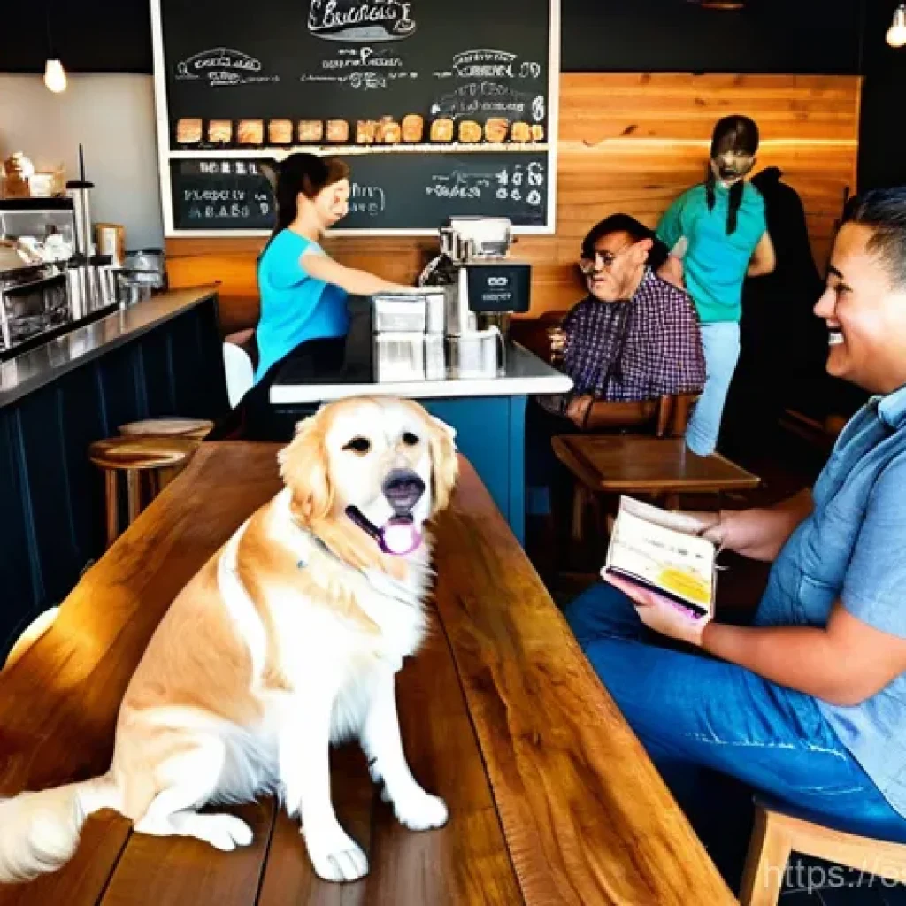 인간 동물 공존을 위한 상업 공간 디자인 - **Prompt:** A bustling, sun-drenched, pet-friendly urban cafe interior. The cafe features warm woode...