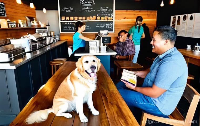 인간 동물 공존을 위한 상업 공간 디자인 - **Prompt:** A bustling, sun-drenched, pet-friendly urban cafe interior. The cafe features warm woode...