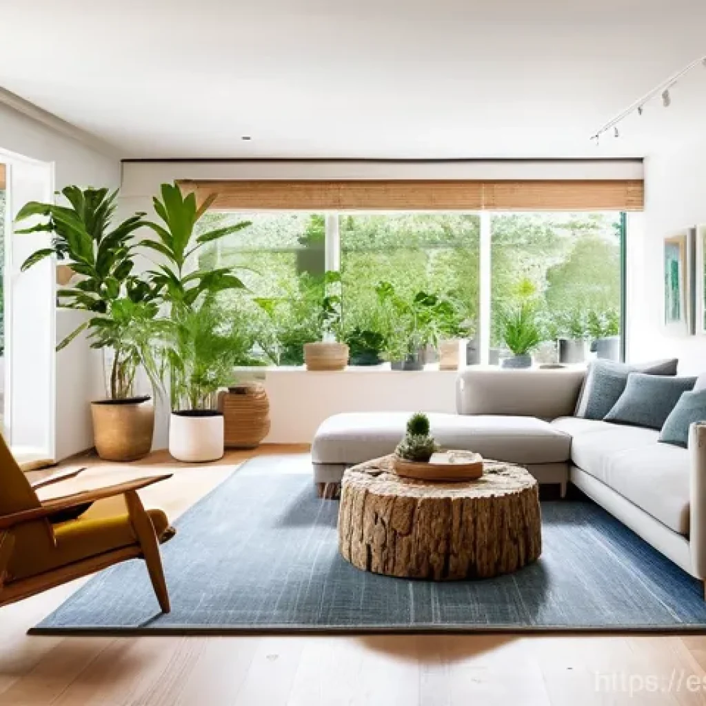 공존을 위한 건축 설계에서의 생태학적 접근 - **Prompt:** "A serene and inviting living room designed with strong biophilic principles. Large wind...