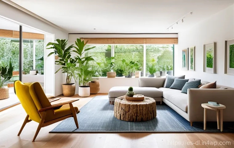 공존을 위한 건축 설계에서의 생태학적 접근 - **Prompt:** "A serene and inviting living room designed with strong biophilic principles. Large wind...
