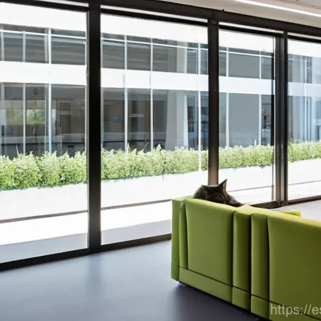 동물 친화적인 기업 건물 설계 전략 - **Prompt:** A vibrant, modern open-plan office interior in a bustling city like Madrid, designed wit...
