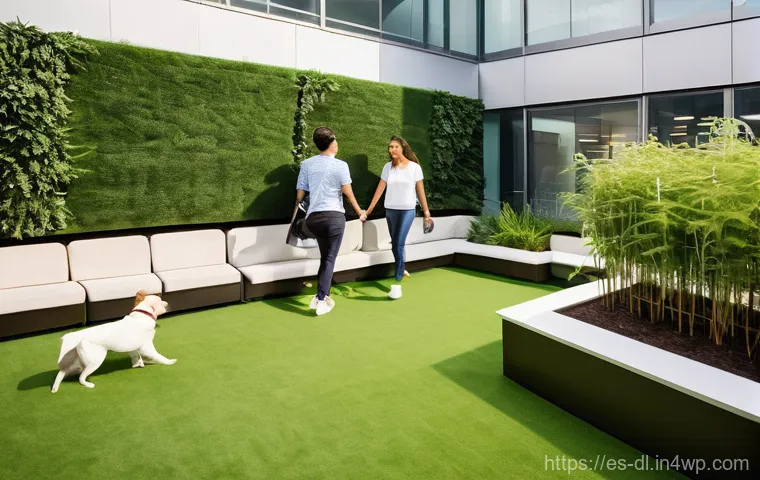 동물 친화적인 기업 건물 설계 전략 - **Prompt:** A vibrant, modern open-plan office interior in a bustling city like Madrid, designed wit...