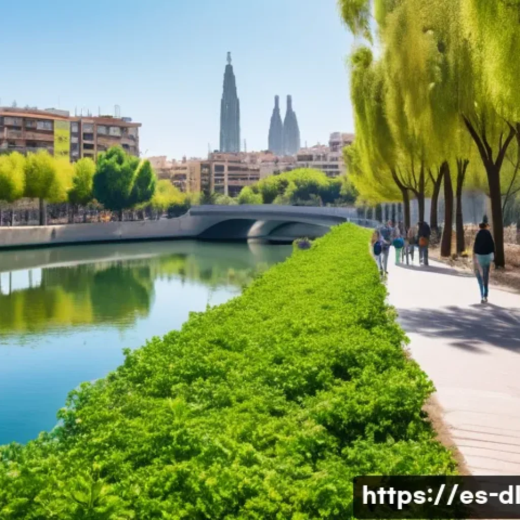 동물과의 조화를 위한 혁신적인 디자인 사례 - A vibrant urban ecological corridor in Barcelona featuring native Mediterranean vegetation, lush gre...
