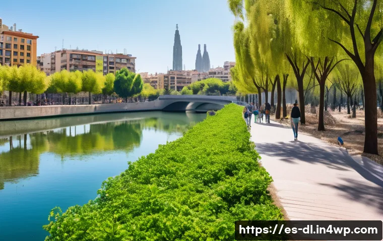동물과의 조화를 위한 혁신적인 디자인 사례 - A vibrant urban ecological corridor in Barcelona featuring native Mediterranean vegetation, lush gre...