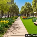 Home 22 인간 동물 공존의 미래를 위한 비전 제시 - A vibrant urban park in Barcelona featuring diverse native Mediterranean vegetation with lush green ...