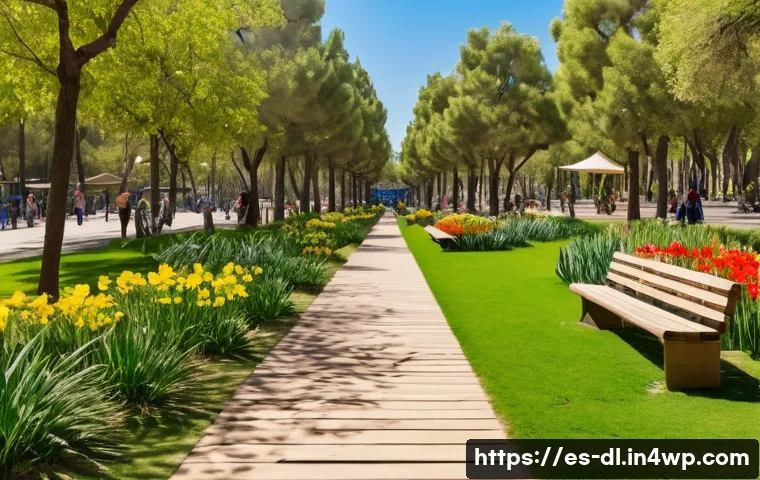 인간 동물 공존의 미래를 위한 비전 제시 - A vibrant urban park in Barcelona featuring diverse native Mediterranean vegetation with lush green ...