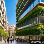 Home 19 도시 생태계를 위한 건축적 해결책 - A modern urban building in Barcelona featuring extensive green roofs and vertical gardens on its fac...