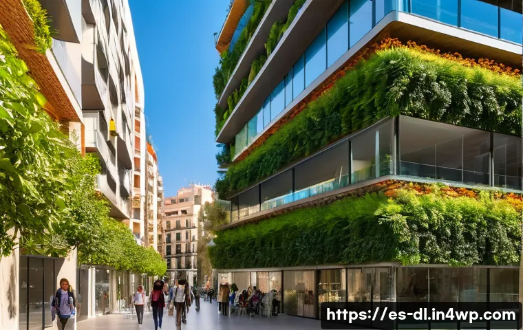 도시 생태계를 위한 건축적 해결책 - A modern urban building in Barcelona featuring extensive green roofs and vertical gardens on its fac...