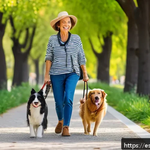 Home 30 동물과 함께하는 지속 가능한 라이프스타일 - A cheerful middle-aged Spanish woman walking her medium-sized dog in a sunny urban park in Madrid, b...