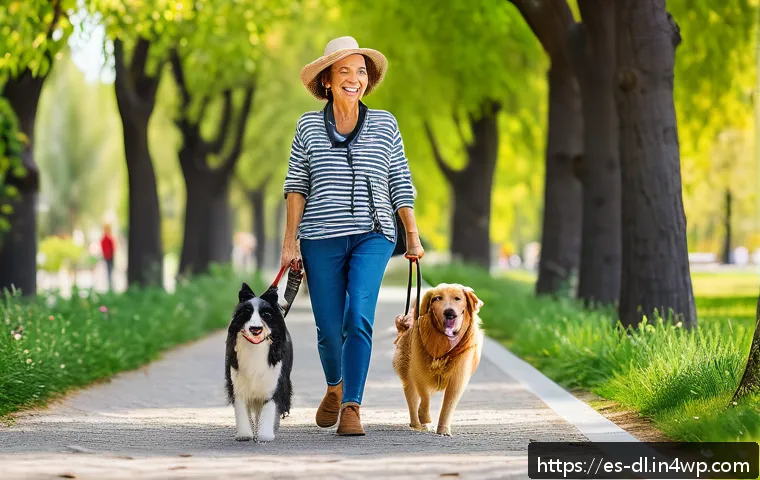 동물과 함께하는 지속 가능한 라이프스타일 - A cheerful middle-aged Spanish woman walking her medium-sized dog in a sunny urban park in Madrid, b...