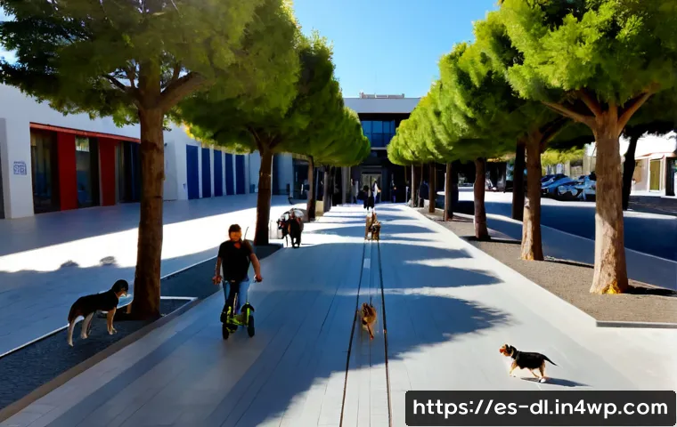 동물과의 공존을 위한 상업시설 설계 - Photorealistic wide-angle view of a modern pet-friendly commercial plaza in a Spanish city, shaded p...
