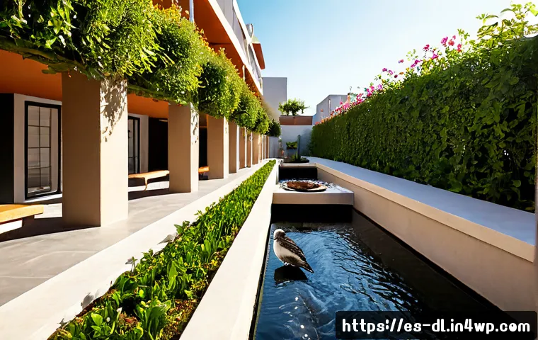 인간 동물 공존을 위한 지속 가능한 건축 원칙 - Photorealistic sustainable apartment courtyard in a sunlit Spanish Mediterranean neighborhood, livin...