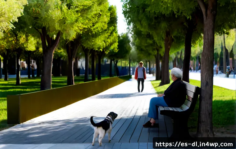 Home 17 인간 동물의 상호작용을 고려한 공원 설계 - Photorealistic inclusive urban park in a Spanish city, wide accessible walking paths beside native s...